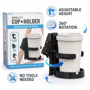 Mobility Aide Cup Holder Wheelchairs Walkers Stroller Adjustable 360° Folds Flat